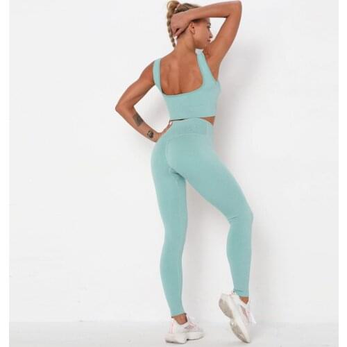 SALSPOR 2Pcs Fitness Women Sets Leggings Workout Suit Square Collar Short Navel Vest Set Female Seamless Push Up Leeging Feminin
