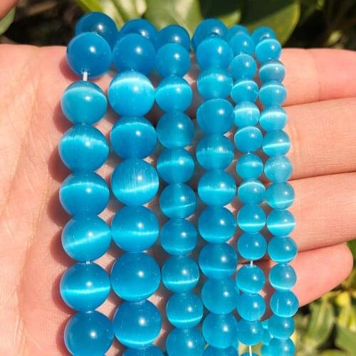 AAA Lake blue Cat Eye Stone Round Beads 4 6 8 10 12mm Natural Stone Beads For Jewelry Making Bracelet Necklaces DIY 15