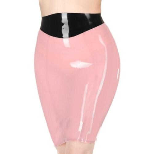 Baby Pink And Black Mini Sexy Latex Skirts With Trims On Top Short Zipper Back Rubber Bottoms DQ-0059