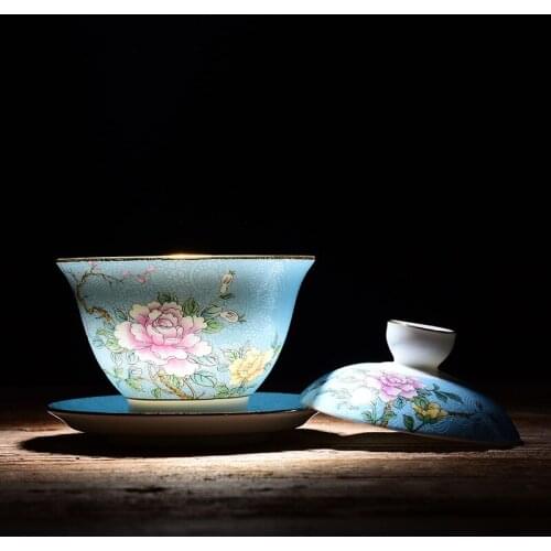 Enamel ceramic tea bowl with lid, hand-painted gradient color steak flower three-color tea cup with lid home office supplies