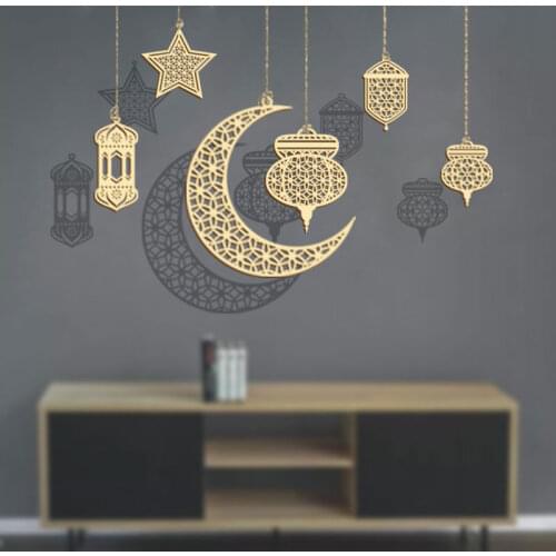 Eid mubarak wooden hanging pendant moon star ramadan kareem ornament wooden for islamic muslim party decoration for eid al-ad
