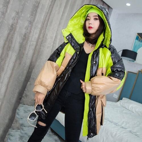 Fashion Contrasting Color Shiny Hooded Down Padded Jacket Womens 2021 New Fall Winter Coat Loose Big Pocket Warm Bread Jacket