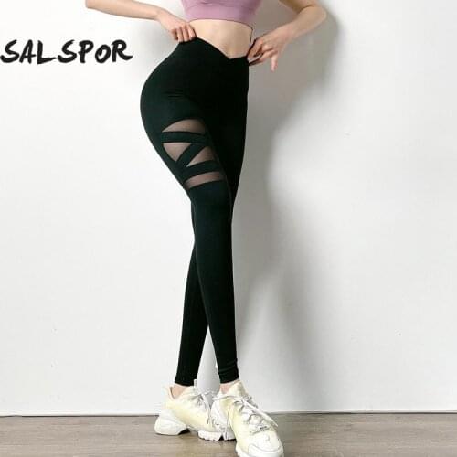 SALSPOR Hollow Mesh Fitness Leggings Women Running Push Up Breathable Cross Yoga Pants Sexy Tights Cycling Sweatpants Woman