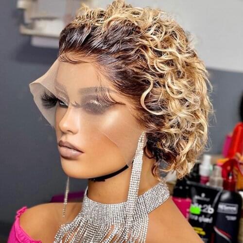 Ginger Orange Pixie Cut 1b27 Lace Front Human Hair Wig Blue Short Curly Bob Pre Plucked TPart Brazilian Lace Wig Blonde Bob 180