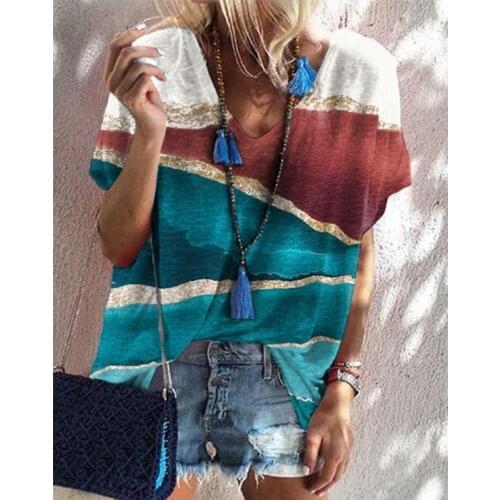 Plus Size Women Fashion Loose Casual Floral print short sleeves V neck summer tshirt tops blouses shirt