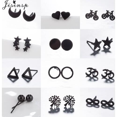 Punk Black Stainless Steel Stud Earrings for Women Men Hip Hop Round Star Bicycle Earing OM Symbol Earings Piercing Jewelry Gift