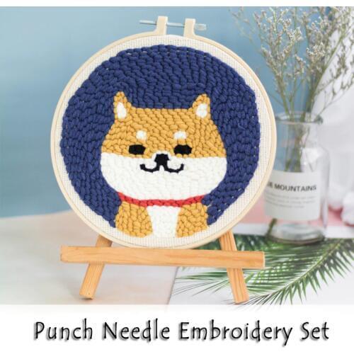 Shiba Inu Punch Needle Embroidery Kit with Hoop Needlework Wool Work Beginner-Friendly Sewing Kits Handmade Gift