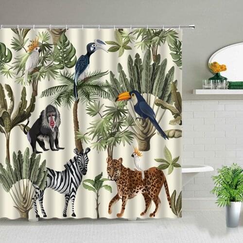 Cute wild animals, leopard and tropical leaves pattern, shower curtain bathroom, renovation, windproof, home decoration