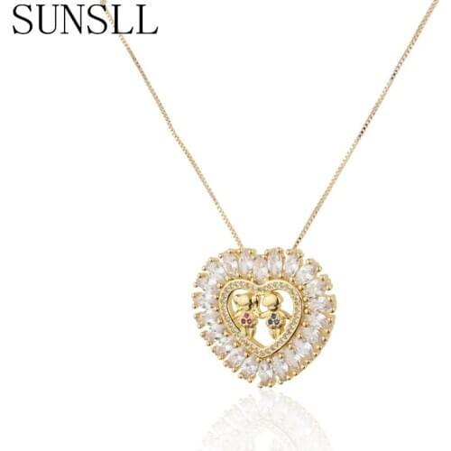 SUNSLL New Arrival Unique Fashion Heart Shape Boy and Girl Cubic Zirconia Pendant Necklace Jewelry for Children Gift Anniversary