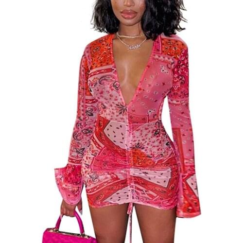 Uclio Deep V Neck Print Party Dresses Drawstring Mesh Flare Long Sleeve Transparent Club Outfit for Women Mini Dress