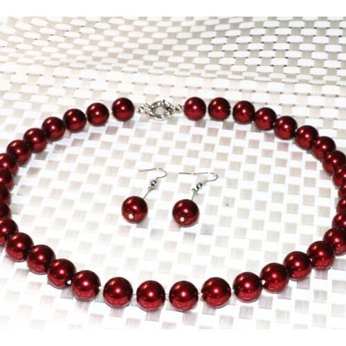 High Quality Dark Red Imitation Pearl Shell 12mm Round Beads Necklace Earrings for Women Weddings Party Jewelry Set 18inch B2336