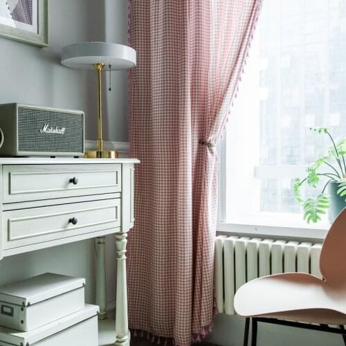 Curtain Pink Plaid Tassels Used For Kitchen Bedroom Living room Cotton Linen Semi Blackout Curtain 1 Piece
