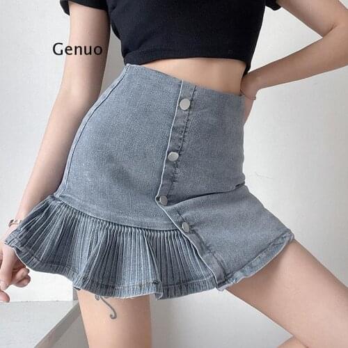 Preppy Style Harajuku A-Line Denim Skirt Women 2021 Summer High Waist Jeans Pleated Mini Trumpet Mermaid Short Skirts Female