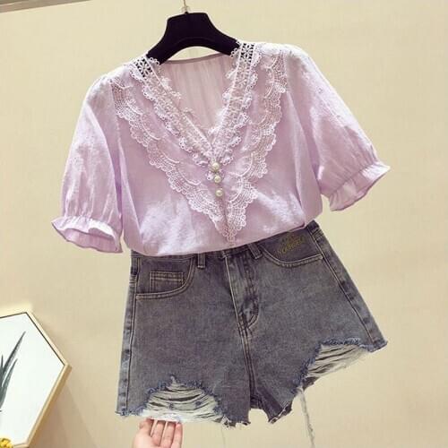 Fashion Women Lace Shirt Female Korean Style Elegant V-Neck Puff Sleeve Short Sleeve Tops Casual Streetwear