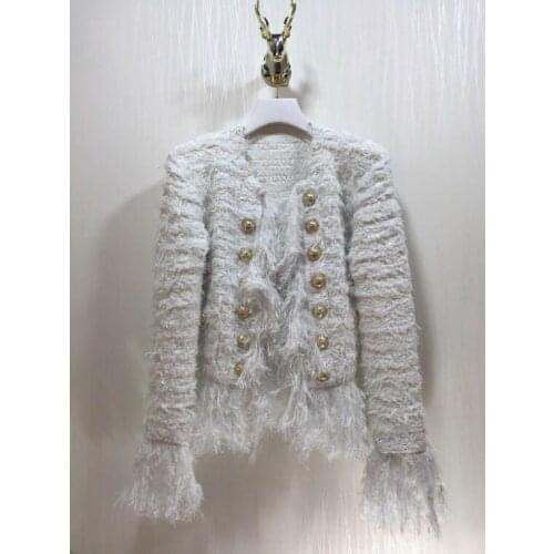 116857 Runway fashion autumn winter women jacket black white women long sleeve tassel coat