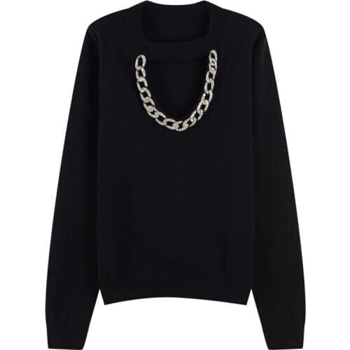 High Street Runway Winter Chain Square Collar Sexy Long-Sleeved Blouse Pullover Sweater Women Christmas Jumper Black Clothing