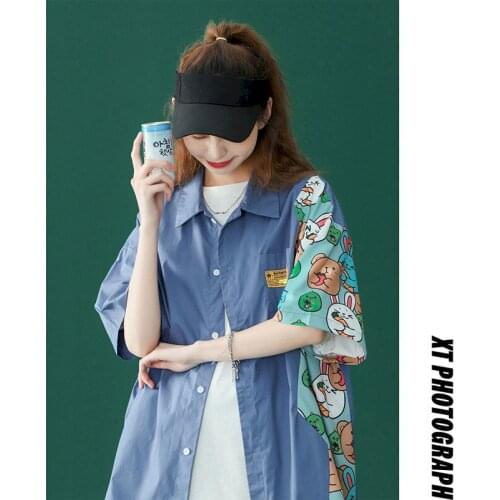 Womens Shirt Design Niche Cartoon Splicing Short Sleeve Shirt Women Men Summer Korean Trend Five-point Sleeve Shirts for Lovers