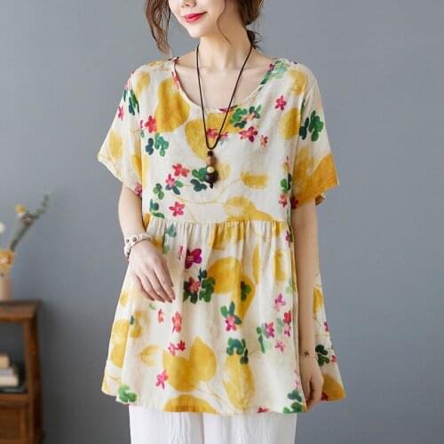 Women Cotton Linen Casual T-shirts New Arrival 2021 Vintage Style O-neck Floral Print Loose Female Short Sleeve Tops Tees B443