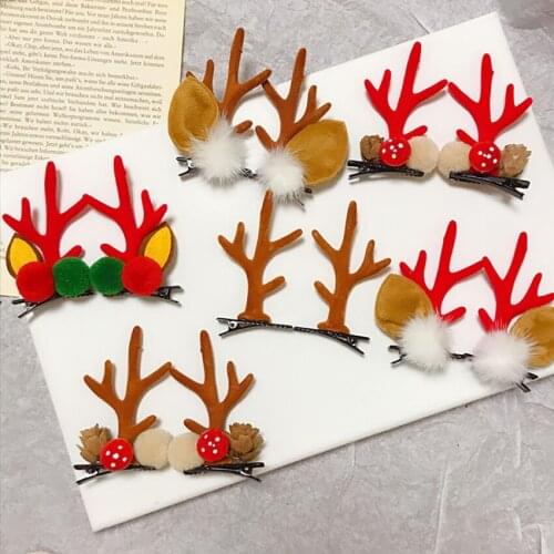 2pcs/set Cute Christmas Elk-Antlers Hair Clips Hairpins Festival Hair Ball Headwear Hair Accessories Christmas Hair Decoration