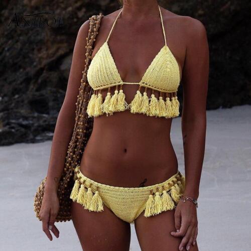 Anibol 2017 Beach Wear Sexy Triangle Bikini Halter Crochet Swimsuit Hand Knitted Women Swimwear Girls Tassels Bathingsuit