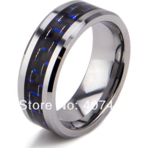 Free Shipping YGK JEWELRY Hot Sales 8MM Blue&Black Carbon Fiber Inlay Bridal Band Tungsten Carbide Wedding Ring