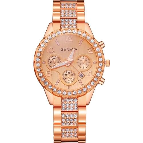 Women Geneva Watches Rose Gold Rhinestone Watches Luxury Geneva Quartz Wrist Watches Relogio Feminino