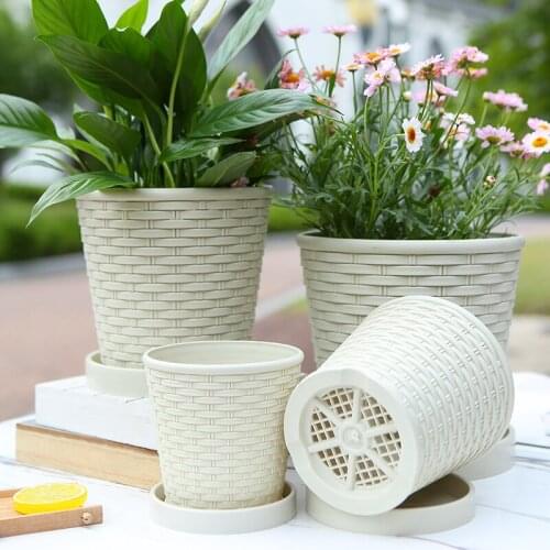 Flower Pot Durable Resin Plant Flower Pot Gloss Planter Home Garden Decoration with a Saucer Tray Drainage Holes