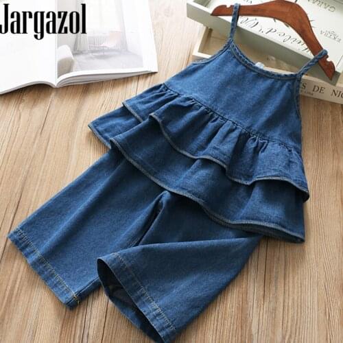 Kids Clothes Girl Summer Denim Strap Top&shorts Fashion Toddler Girl Clothing Set Children Outfits Off Shoulder Clothing Set