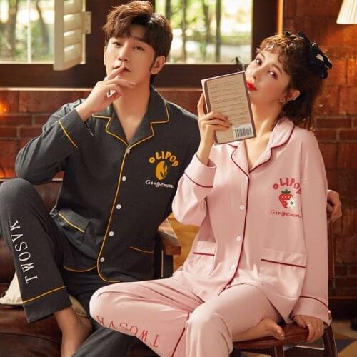 SLPBELY Couple Pajamas Set Homewear Spring Cartoon Strawberry Printed Lapel Long Sleeve Men Women Pyjamas Solid Lover Sleepwear