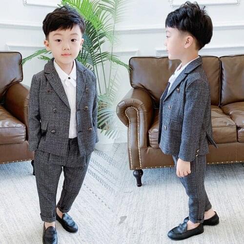 Flower Boys Double Breasted Blazer Jacket+Pants 2Pcs Clothing Set Gentleman Kids Formal Wedding Suit Children Performance Dress