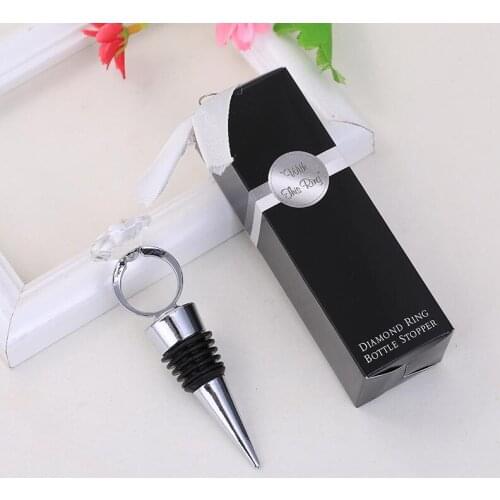 "With This Ring" Chrome Diamond-Ring Bottle Stopper Love Crystal Ring Wine Bottle Stoppers Wedding Casamento Gifts LX4716