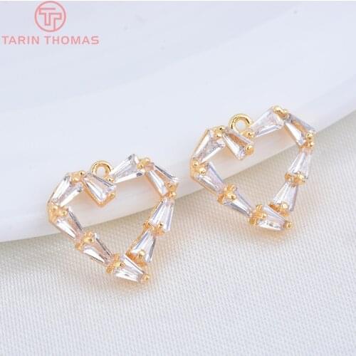 6PCS 11x12MM 24K Gold Color Plated Brass with Zircon Heart Pendants Charms High Quality DIY Jewelry Making Findings