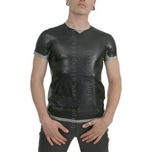 Made of 0.4mm thickness natural & flexible latex bondage clothing mens tops cool black latex t-shirt with gray trims decoration
