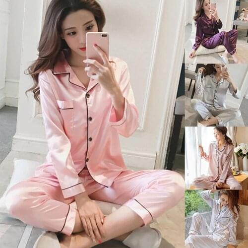 New Pajamas Women Nightwear Pajama Set Fashion Women Solid Color Lapel Long Sleeve Blouse Pants Set Sleepwear Long Sleeve Pajama