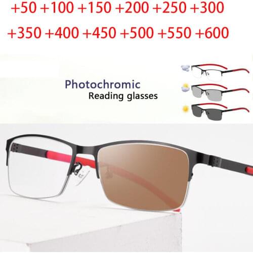 Titanium Alloy Photochromic Men Reading Glasses Chameleon CR-39 Resin Aspheric Glasses Lenses +25 +1.00 +1.50 +2.00 +2.50 To +6