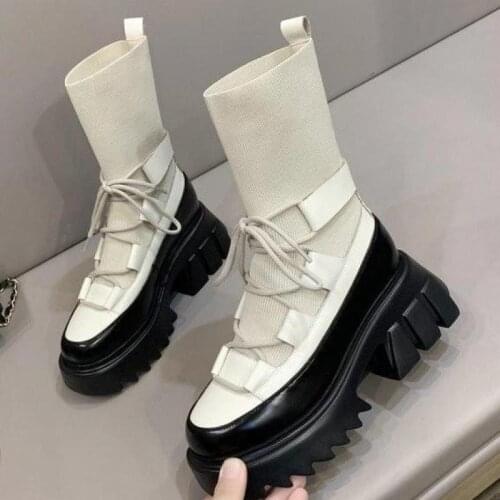 Autumn Winter Black Short Boots New Womens Shoes 2020 INS Platform Boots for Women Chunky Heels Stretch Fabric