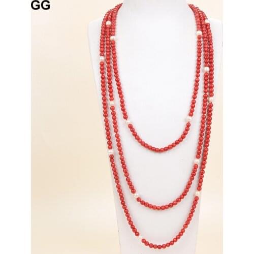 GG Jewelry 100" freshwater white pearl red coral bead necklace