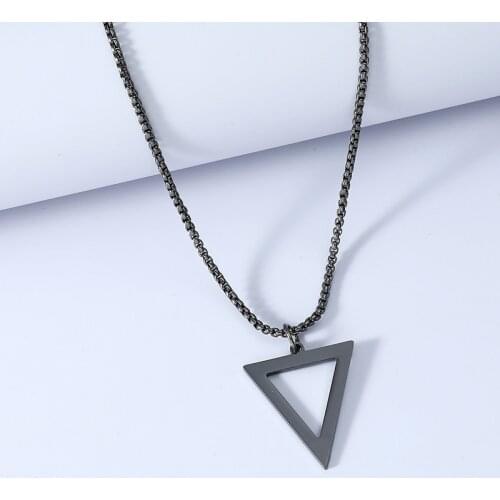 Simple Black Geometric Triangle Pendant Mens Necklaces Fashion Punk Neck Male Jewelry with 24 Inch Chain