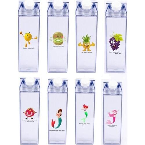 Transparent 500ml milk carton bottles cute fruit drinkware outdoor camping 1000ml square milk carton motivational water bottle