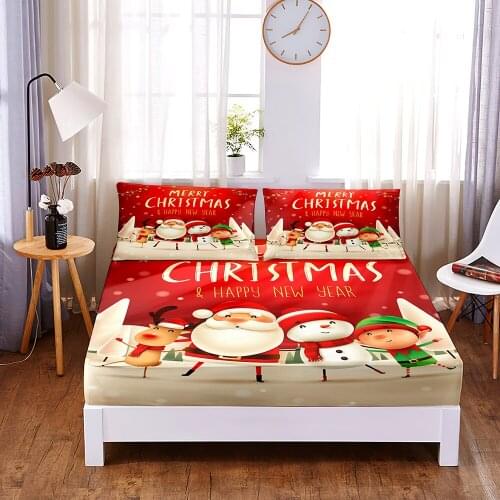 Christmas Snowman 3pc Polyester Solid Fitted Sheet Mattress Cover Four Corners With Elastic Band Bed Sheet(2 pillowcases)
