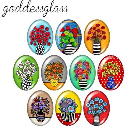 Beauty flowers vase Colorful images 10pcs mixed 13x18mm/18x25mm/30x40mm Oval photo glass cabochon flat back Making findings