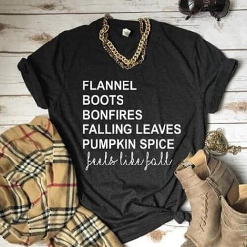 Flannel Boots Bonfires Falling Leaves Pumpkin Spice Feels Like Fall T-shirt Casual Unisex Women Autumn Quote Black Tee Shirt Top