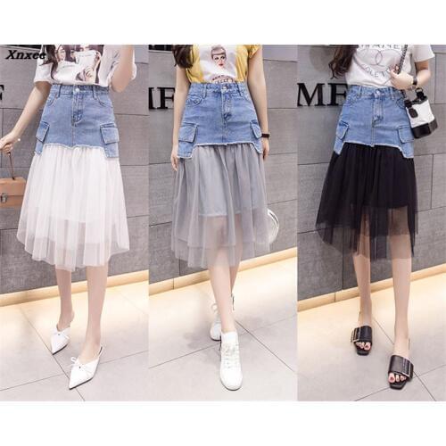 3 Colors 2018 Women Jeans Skirts Women Mesh Patchwork Denim Skirts Womens Pocket Jeans For Female A-line Skirt Xnxee