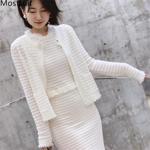 2020 Spring Autumn Elegant Knitted 2 Piece Sets Suits Women Long Sleeve Cardigan + Sleeveless Dress Sets Vintage Office Sets