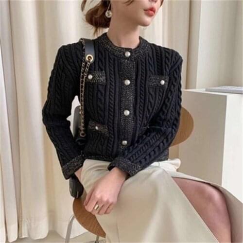 Cardigans Women Sweater Fashion Pearl Buttons O Neck Twisted Knitted Short Jackets Pockets Korean Warm Winter Thick Tops H771