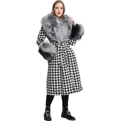 Winter Women Long Elegant Classic Houndstooth Belted Trench Wool Coat With Fluffy Fox Fur Collar MJF-CC-02
