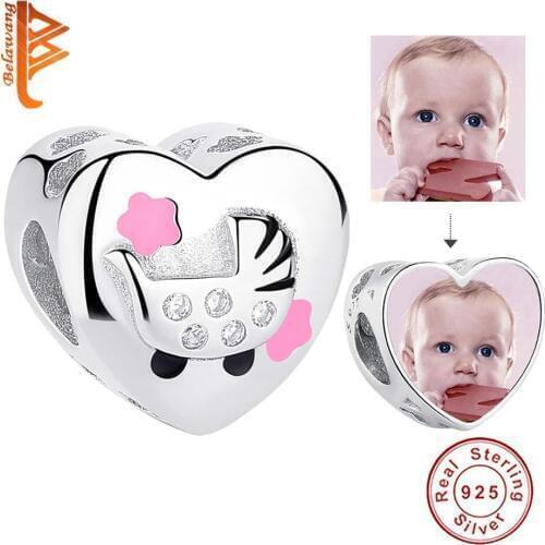BELAWANG 100% Pure 925 Sterling Customize Photo Heart Beads Baby Carriage Charm Fit Original Bracelet DIY Jewelry Wholesale