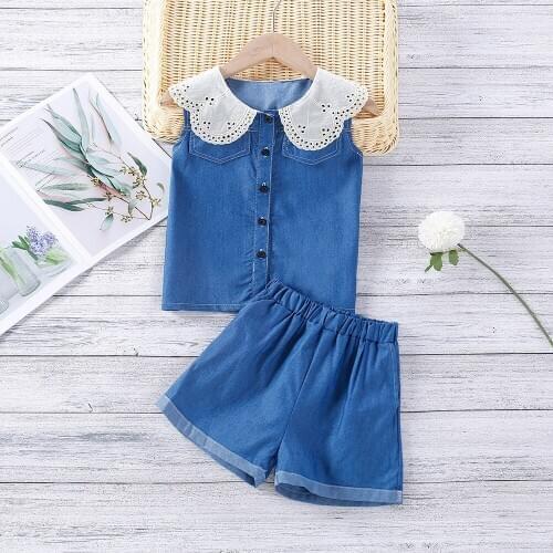 Bibcola Baby Girls Summer Dressset New Suit Denim Lace SleevelessToddler Girl Cute Two Piece Set Printed Kids GirlsClothing