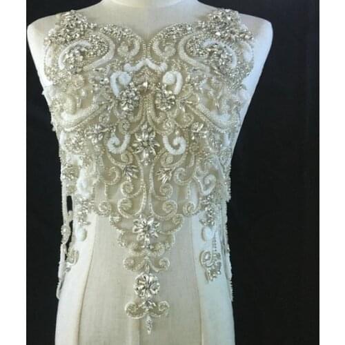 Large Rhinestone Bodice Applique For Bridal Dress African Lace Hand Beading Rhinestone Patch Haute Couture 2020