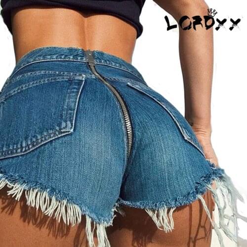 LORDXX Short Jeans Women Back Zipper Sexy High Waist Hem Ripped Tassel Denim Party Club Hotpants Elastic Stretched Trousers